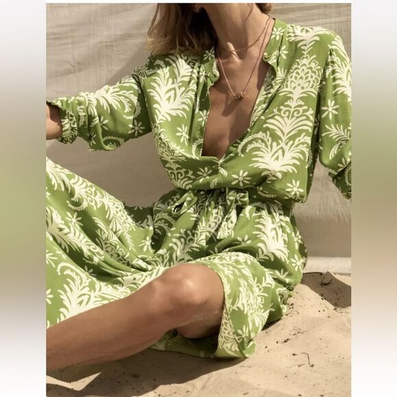 Zara Printed A-Line Midi Dress in Green and White XS NWOT - Picture 5 of 16